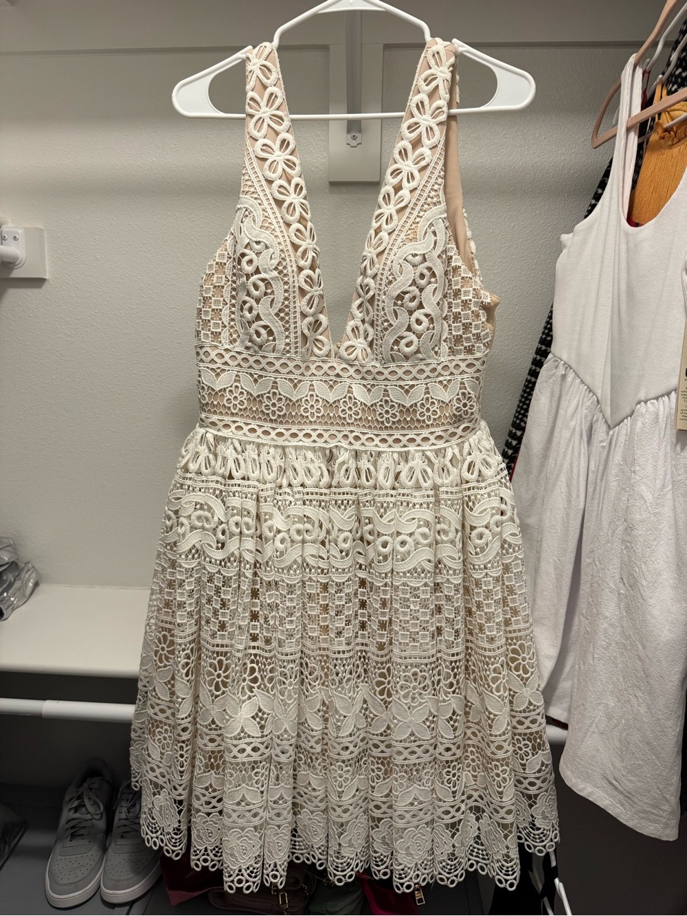 Angela & Alison Ivory Lace Mini Dress with Nude Lining